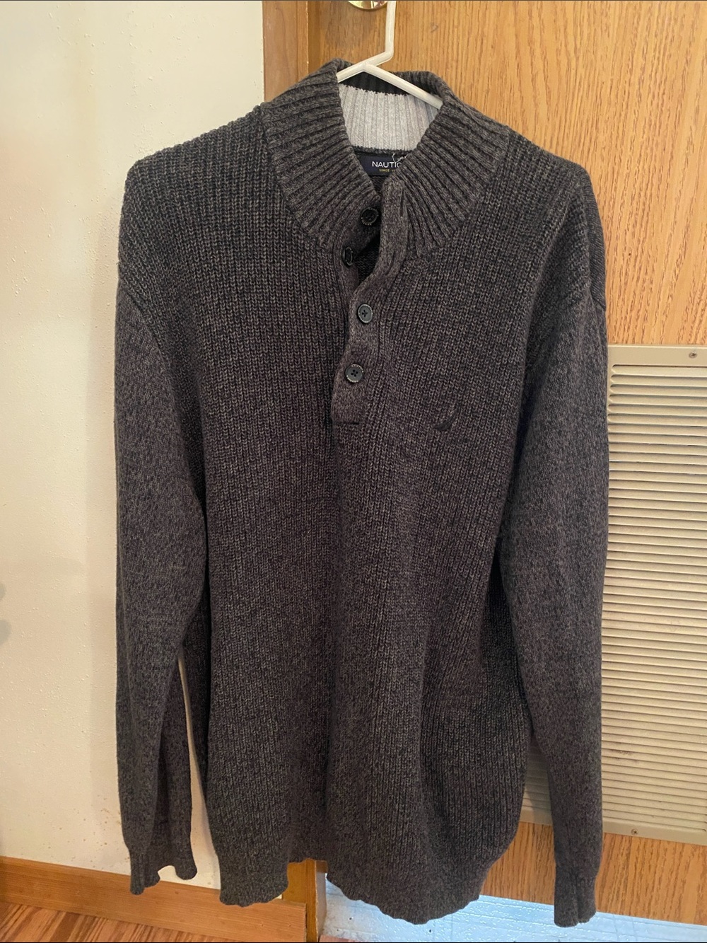 Nautica Men's Charcoal Crewneck Shawl-Collar Button Chunky Knit Sweater XL Fall